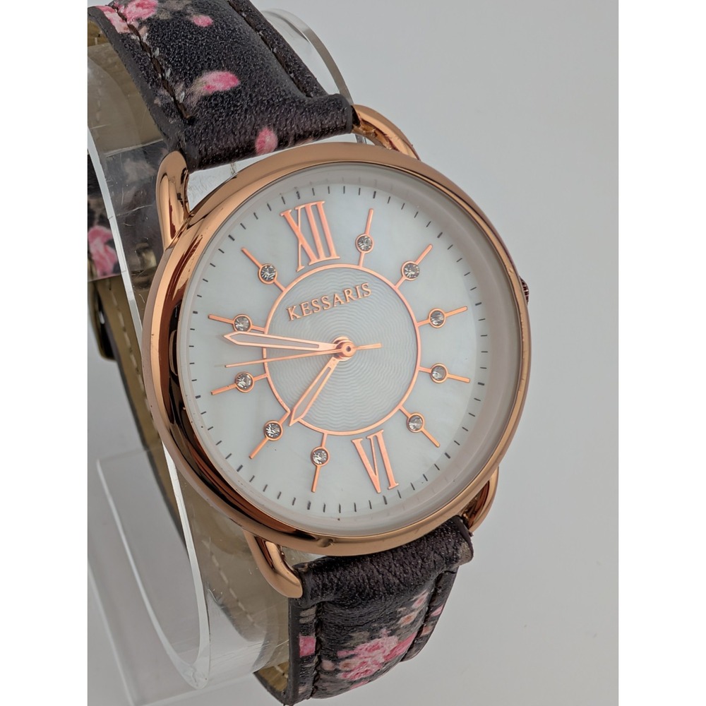 Kessaris Watch Women‎ 33mm Rose Gold Case MOP Dial Floral Band- New Battery